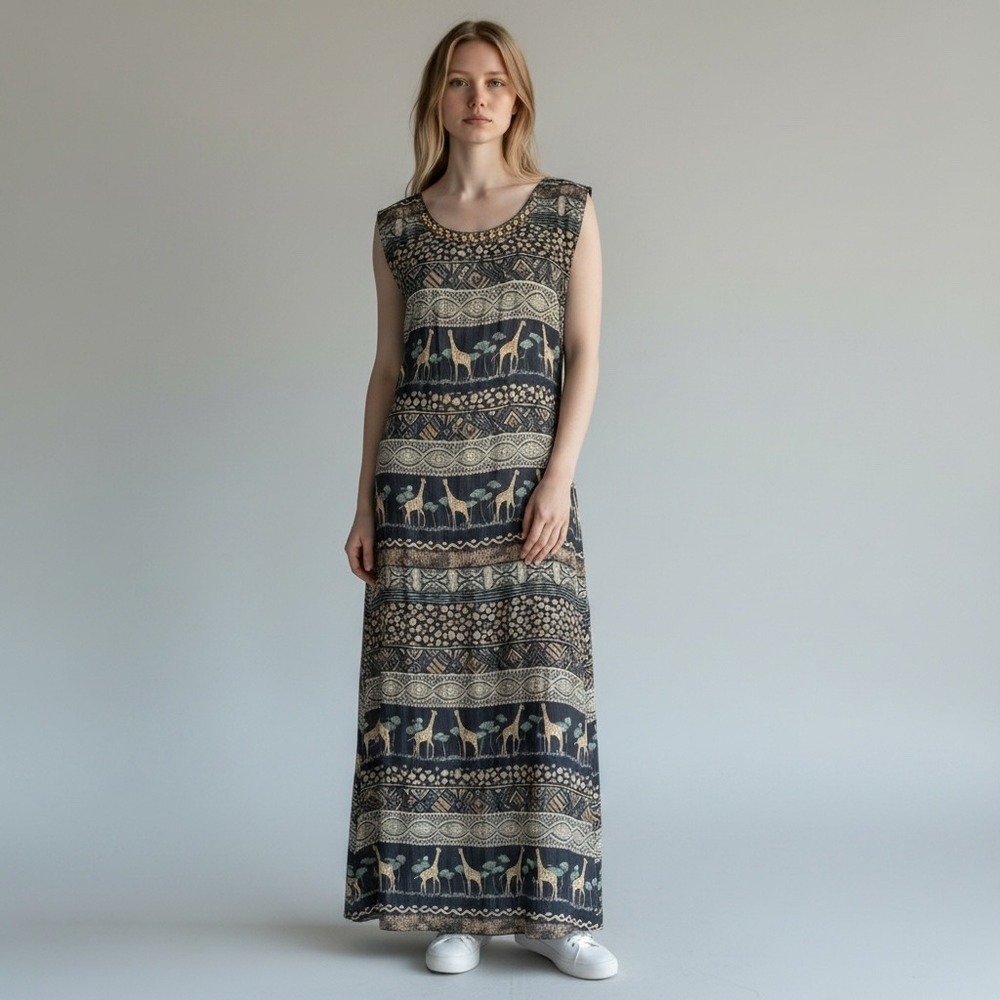 Another Thyme Maxi Dress Womens 18 Beaded Giraffe Safari Rayon Vintage 90s Boho